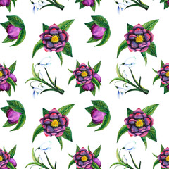 Hellebore black, snowdrop. Seamless pattern of watercolor elements on a transparent background. Hand drawn flowers, buds and leaves. Watercolor botanical work for invitations, textiles, paper products