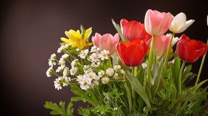 Vibrant Bouquet of Spring Flowers Including Tulips, Daisies, and Fern Leaves