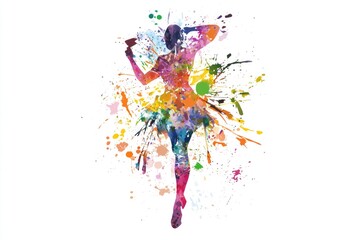 A watercolor painting of a ballerina covered in colorful paint splatters