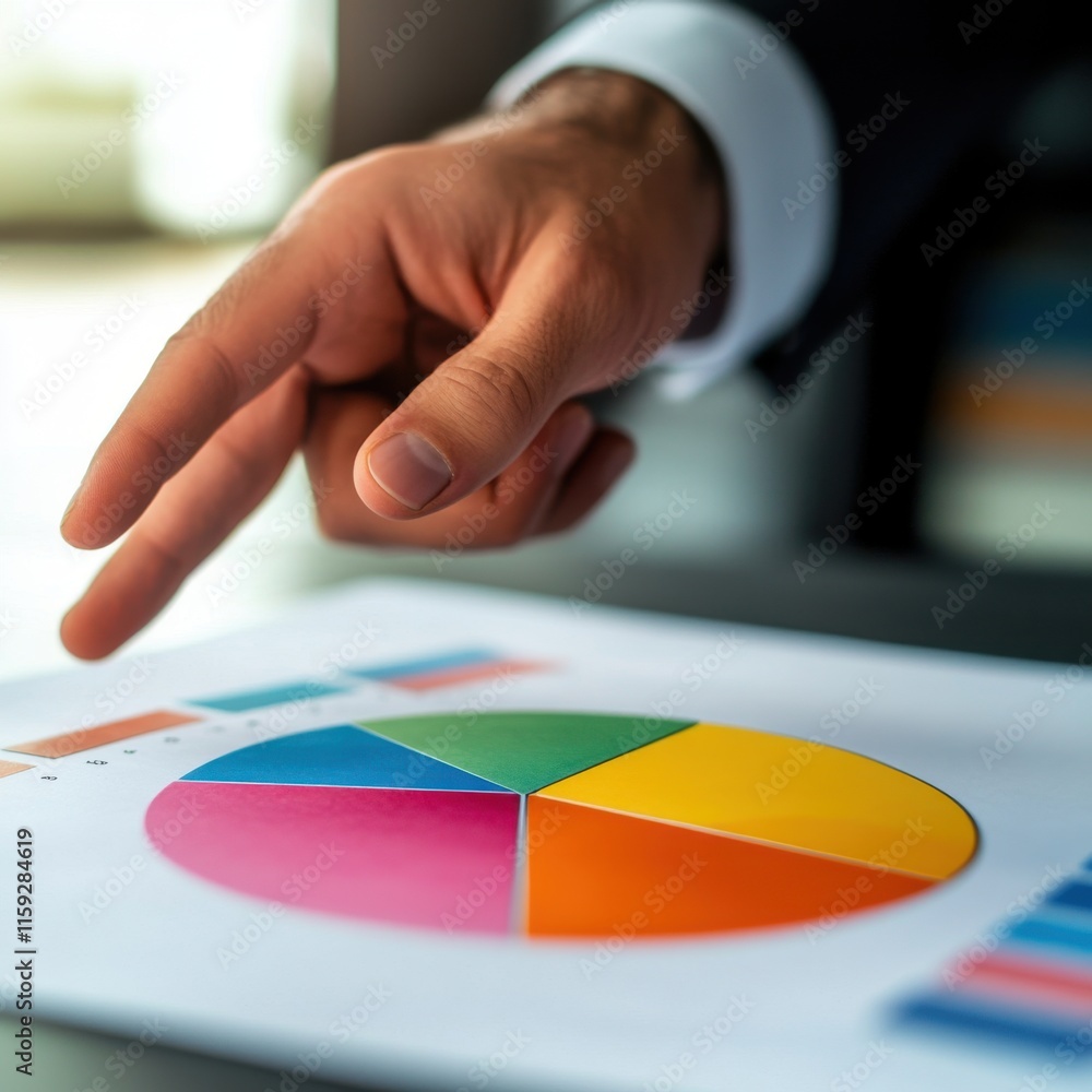 Poster a focused businessman analyzing colorful pie charts and graphs in a modern office environment.