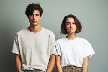 A man and a woman are standing next to each other, both wearing white t-shirts