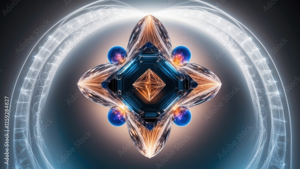 Poster colorful abstract design featuring intricate shapes and luminescent patterns, ideal for technology, 