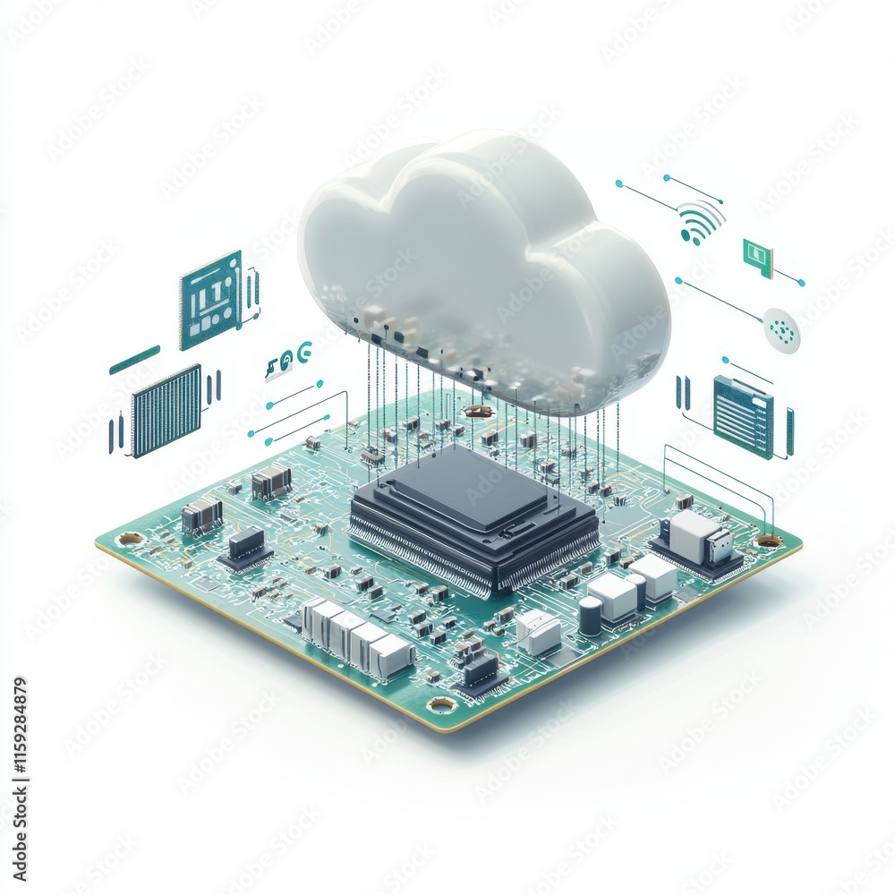 Poster digital cloud computing concept with microchip and cloud icons, highlighting technology and innovati