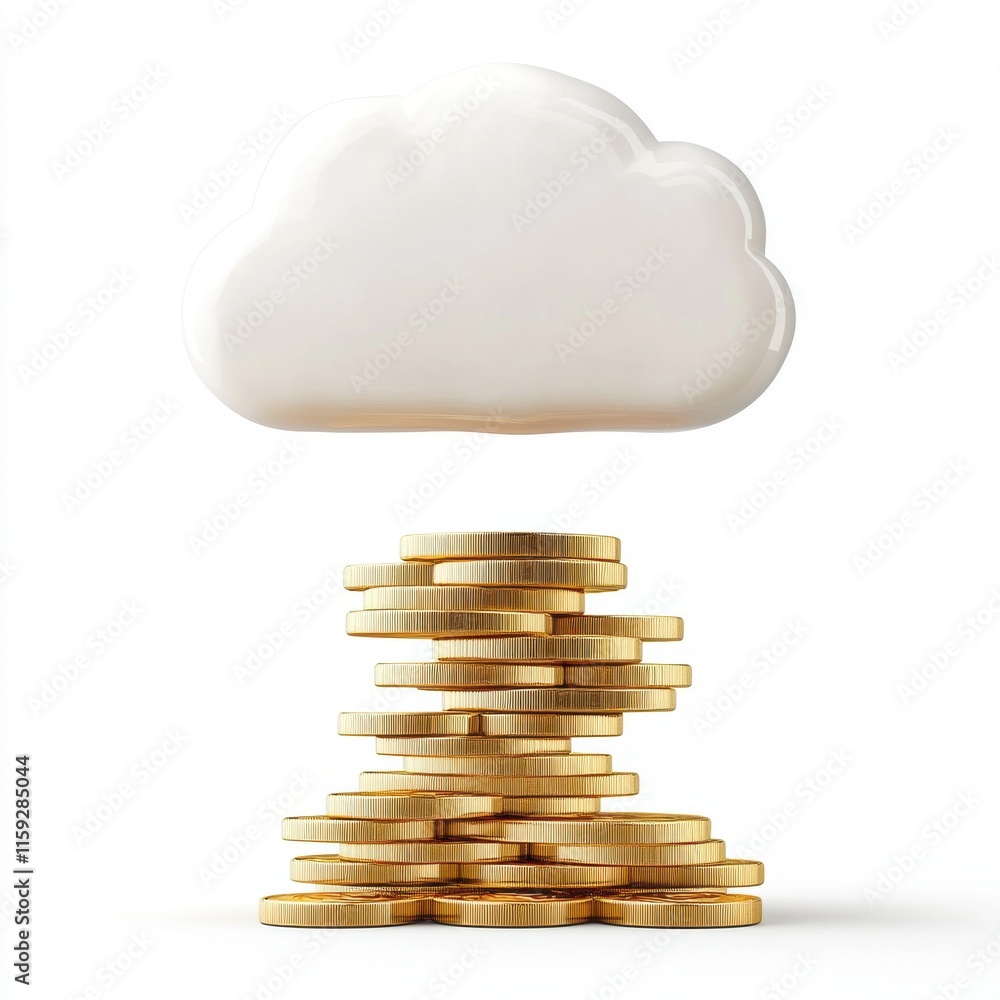 Poster a conceptual image of a cloud above a stack of golden coins, symbolizing cloud computing and financi