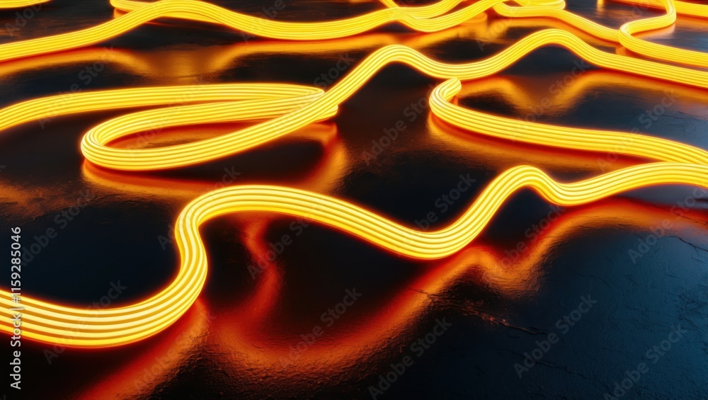 Poster glowing abstract lines create a vibrant, dynamic atmosphere against a reflective black surface, perf