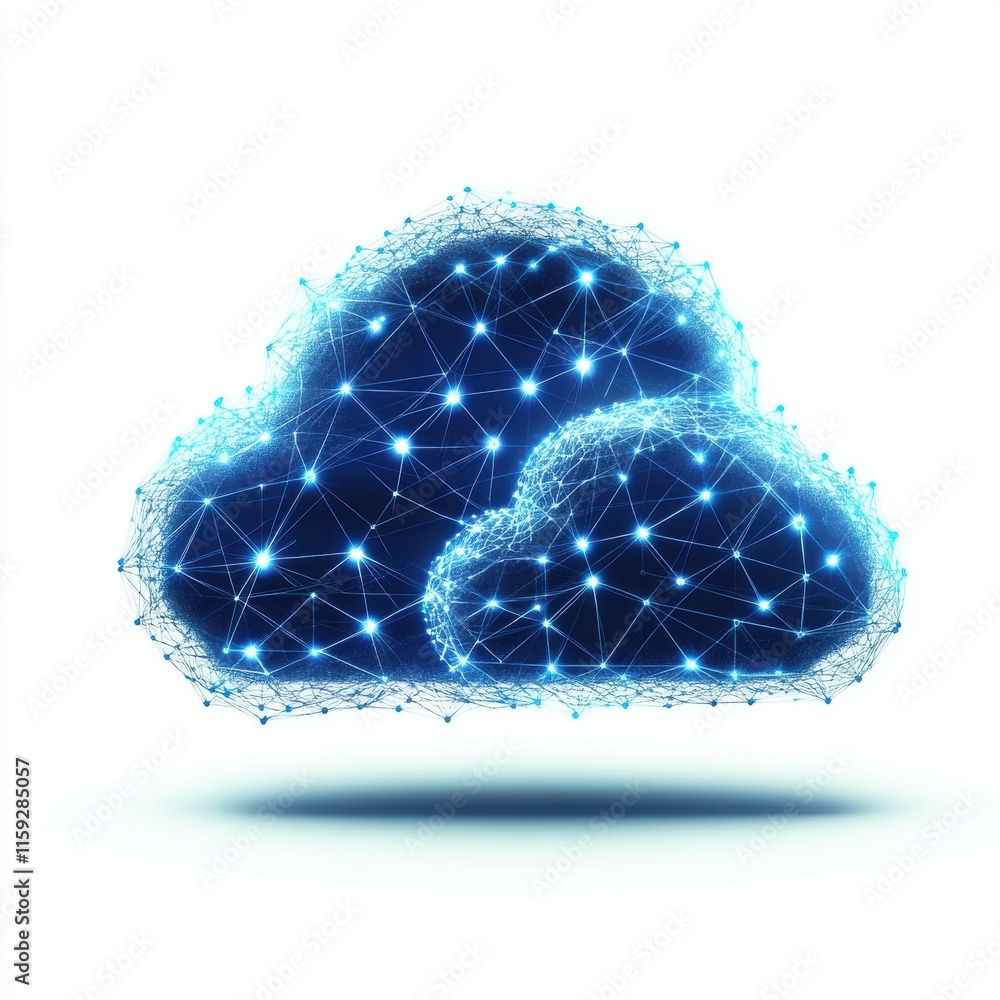 Poster abstract digital cloud network with interconnected nodes and glowing blue light effects.