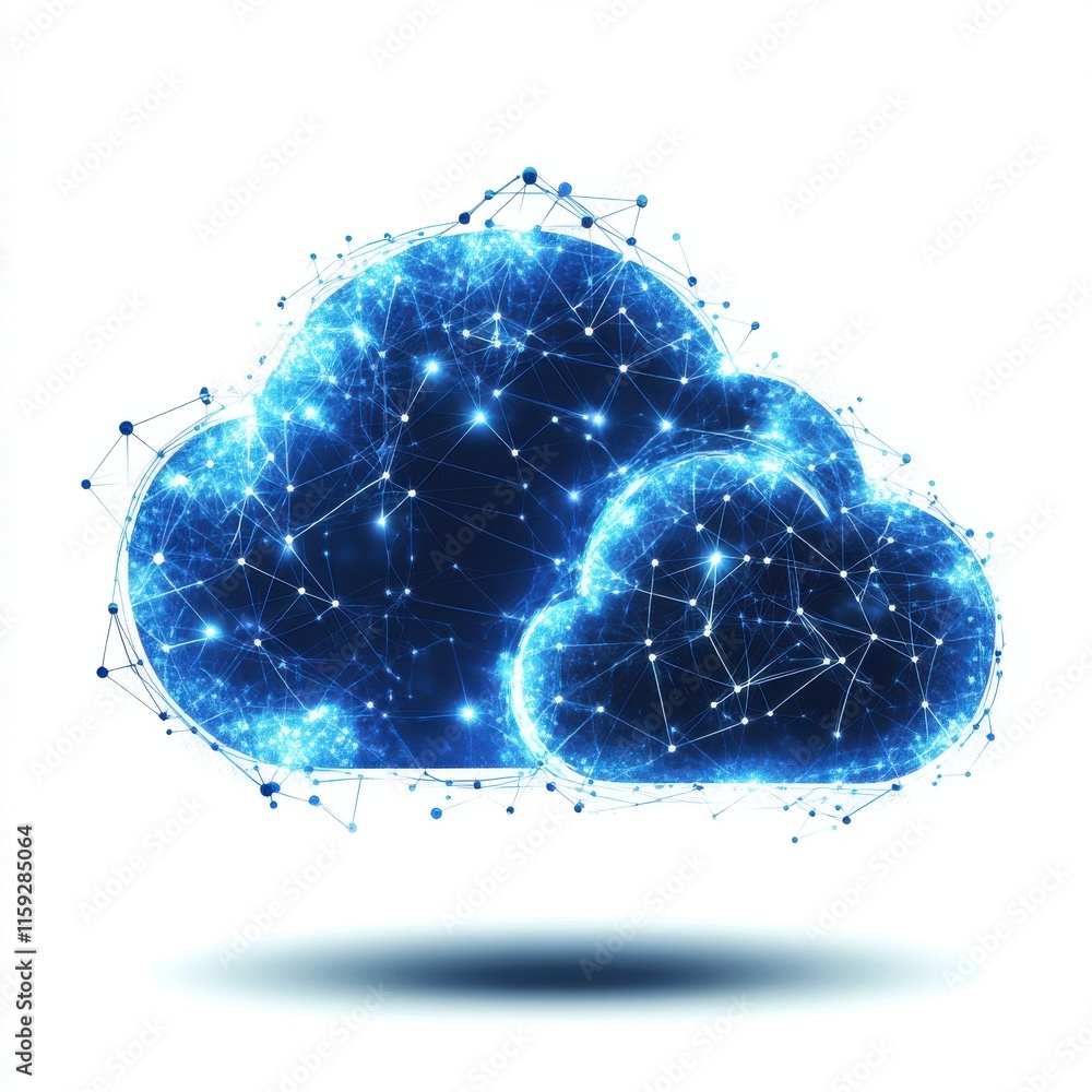 Poster abstract digital art representing cloud computing with glowing networks and interconnected nodes.