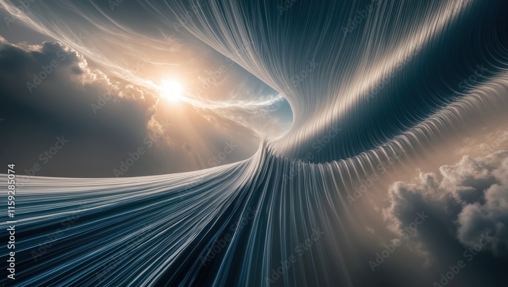 Poster abstract dynamic motion through swirling light and clouds, embodying energy and tranquility in a sur