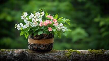 Charming Floral Arrangement in Rustic Wooden Pot with Green Nature Background