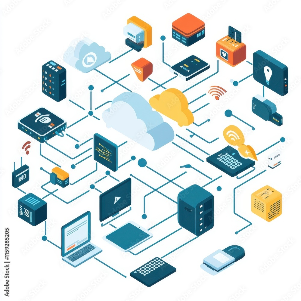 Poster stylized technology network with cloud computing and devices, showcasing connectivity and digital co