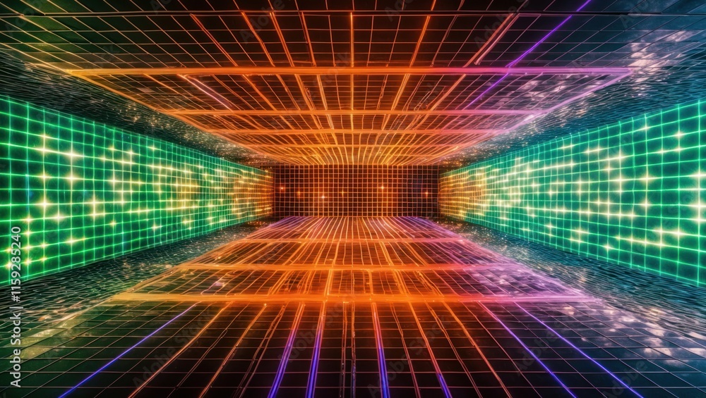 Poster vibrant neon grid background features a futuristic design with colorful lights and a digital atmosph