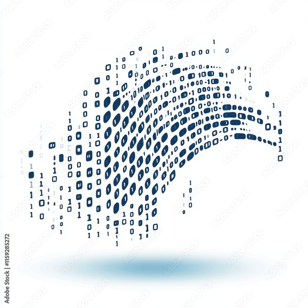 Poster abstract digital art featuring a bird shape formed by binary numbers, symbolizing technology and cre