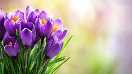 Vibrant Purple Crocus Flowers Blooming in Soft Light Background for Spring Themes