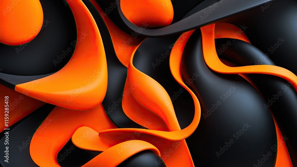 Poster vibrant abstract design featuring smooth, flowing shapes in orange and black, creating a dynamic and