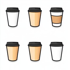 A collection of illustrated coffee cups showcasing various designs and colors.