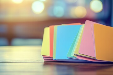 collection of colorful educational flashcards on wooden table with soft lighting highlighting cards