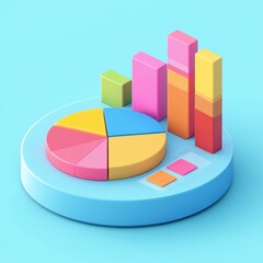 Colorful 3D pie chart and bar graph on a pastel background, conveying creative data visualization techniques.