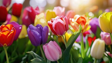 Naklejka premium Vibrant Multicolored Tulips Blooming in Sunlight Creating a Beautiful Spring Scene