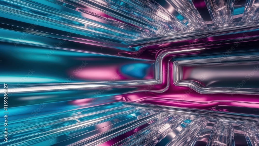 Poster futuristic abstract design with vibrant colors and reflective surfaces creating a dynamic and immers