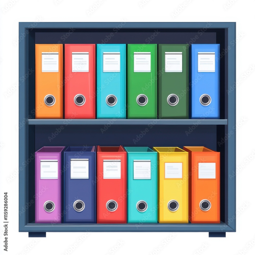 Poster a colorful array of office binders neatly arranged on a shelf, showcasing organization and vibrant c