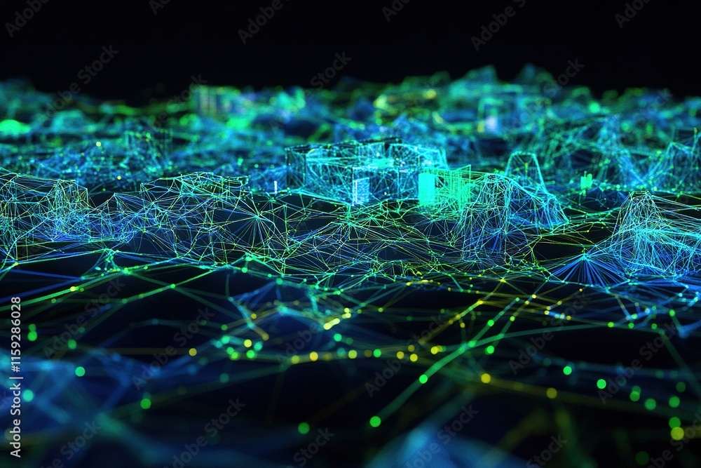 Poster dense chaotic mesh of wireframe lines in glowing blue and green intersecting randomly over dark back