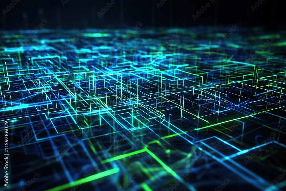 Poster dense chaotic mesh of wireframe lines in glowing blue and green intersecting randomly over dark back