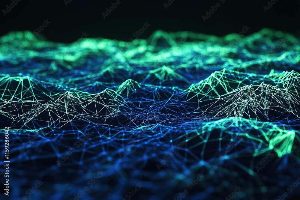 Poster dense chaotic mesh of wireframe lines in glowing blue and green intersecting randomly over dark back