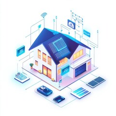 A modern white home equipped with solar panels, surrounded by digital technology icons illustrating smart home features.