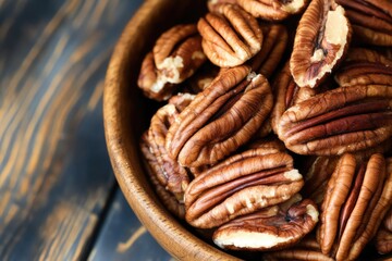 A bowl of pecans sits on top of a wooden table, perfect for serving as a snack or centerpiece