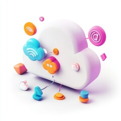 Colorful 3D cloud icon surrounded by technology symbols, representing data sharing and connectivity.
