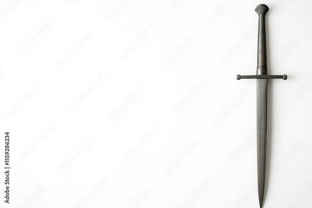 Poster foil sword placed on white background positioned to right with ample copy space on left