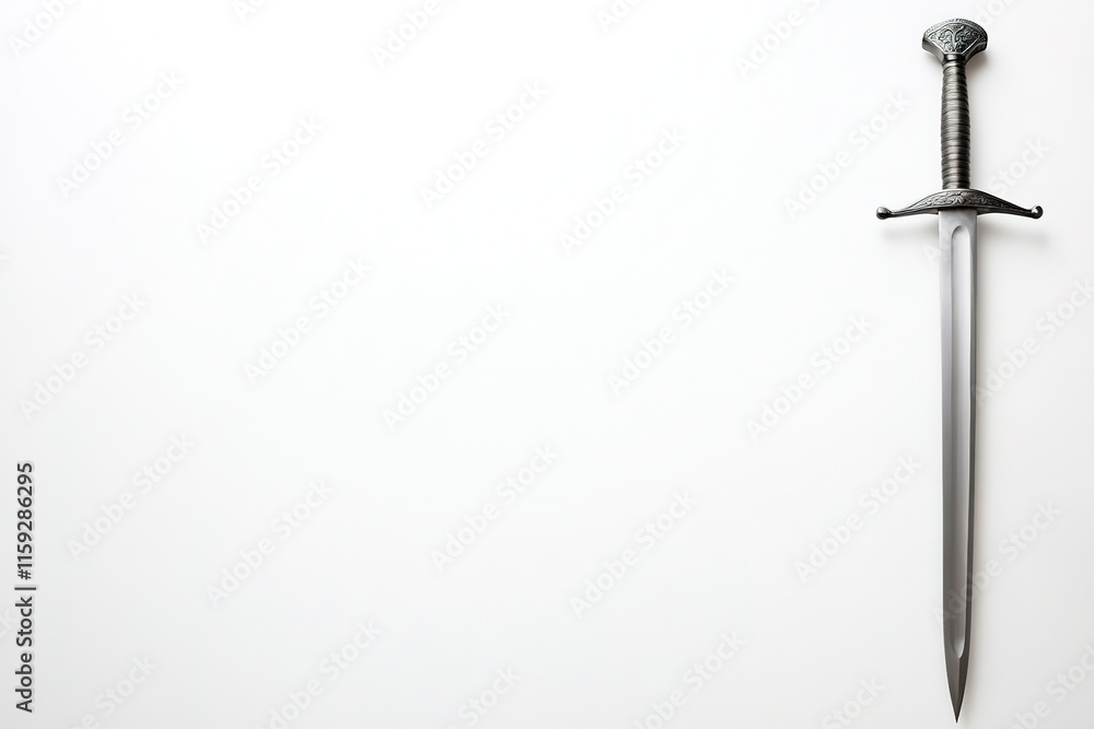 Poster foil sword placed on white background positioned to right with ample copy space on left