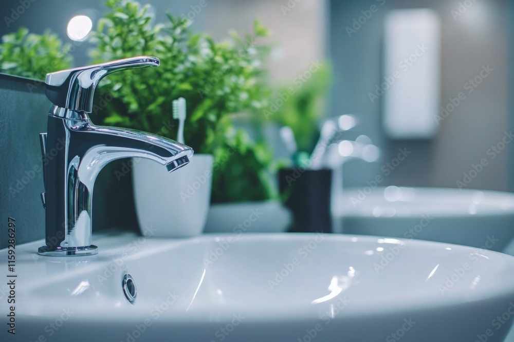 Poster a close-up of a white sink sitting under a faucet in a bathroom setting