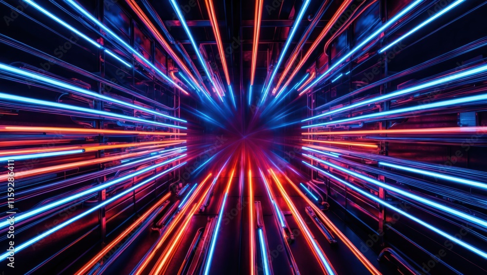 Poster abstract depiction of neon lights radiating outward, creating a dynamic and vibrant visual effect, p