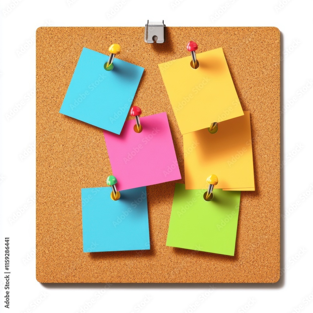 Poster brightly colored sticky notes pinned on a corkboard, creating a playful and organized workspace.