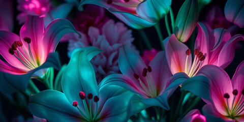 A colorful bouquet of flowers with a blue and purple hue. The flowers are arranged in a way that they look like they are glowing. Scene is bright and cheerful