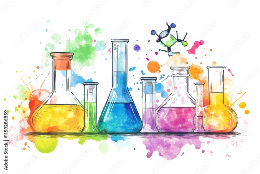 Poster assorted laboratory flasks filled with colorful liquids, great for science and educational illustrat