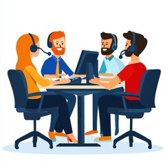 Four diverse professionals engaged in a team meeting, collaborating with headsets and a computer.