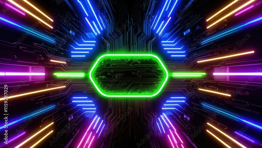 Aufkleber futuristic digital background featuring neon lights and circuit patterns, conveying concepts of tech