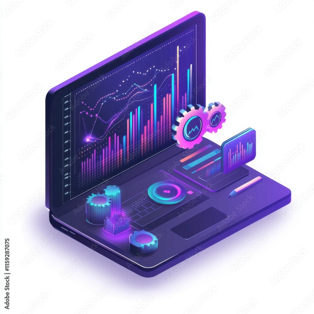 Poster a vibrant digital workspace showcasing analytical charts and gears, representing data analysis and t