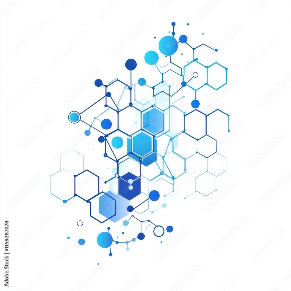 Poster abstract blue molecular structure design with hexagons and circles on a white background.