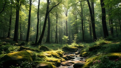 Obraz premium Serene Forest Glade with Tranquil Stream & Waterfall - Perfect for Nature Marketing