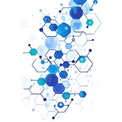 Abstract blue molecular pattern with hexagons and circles, representing science and technology innovations.
