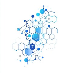 Abstract blue molecular structure design with hexagons and circles on a white background.