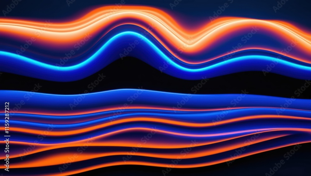 Poster vibrant abstract image featuring colorful neon light waves in blue and orange, creating a dynamic an