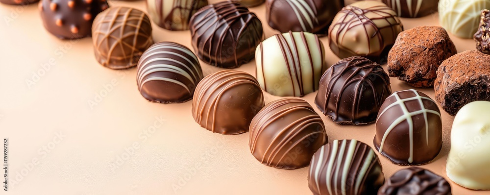 Poster minimal chocolates idea. assorted chocolates in various shapes and patterns, perfect for dessert lov