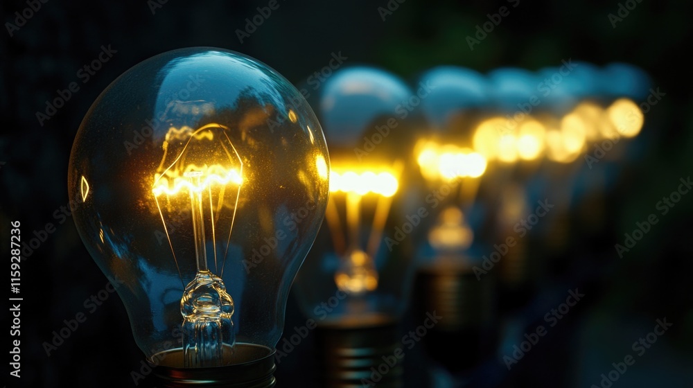 Poster a row of light bulbs sitting next to each other, ready to be used or turned on