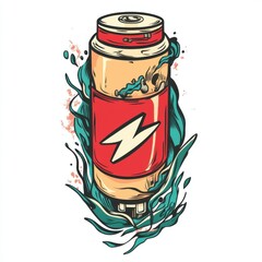Fototapeta premium A vibrant illustration of a stylized energy drink can surrounded by dynamic splash elements.