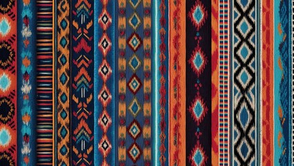 Vibrant collection of woven textile patterns showcasing a variety of colorful designs and geometric shapes, suitable for decoration and fashion contexts
