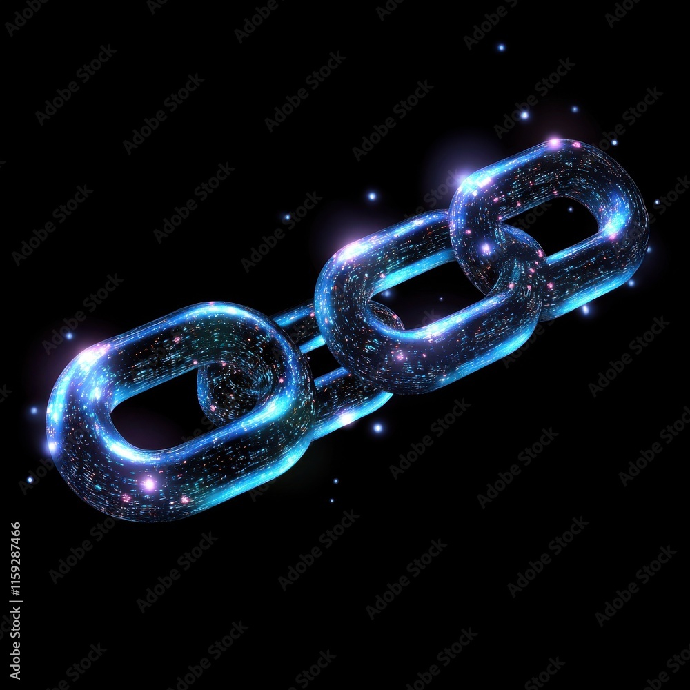 Poster a futuristic glowing chain link, symbolizing connection and technology in a digital universe.